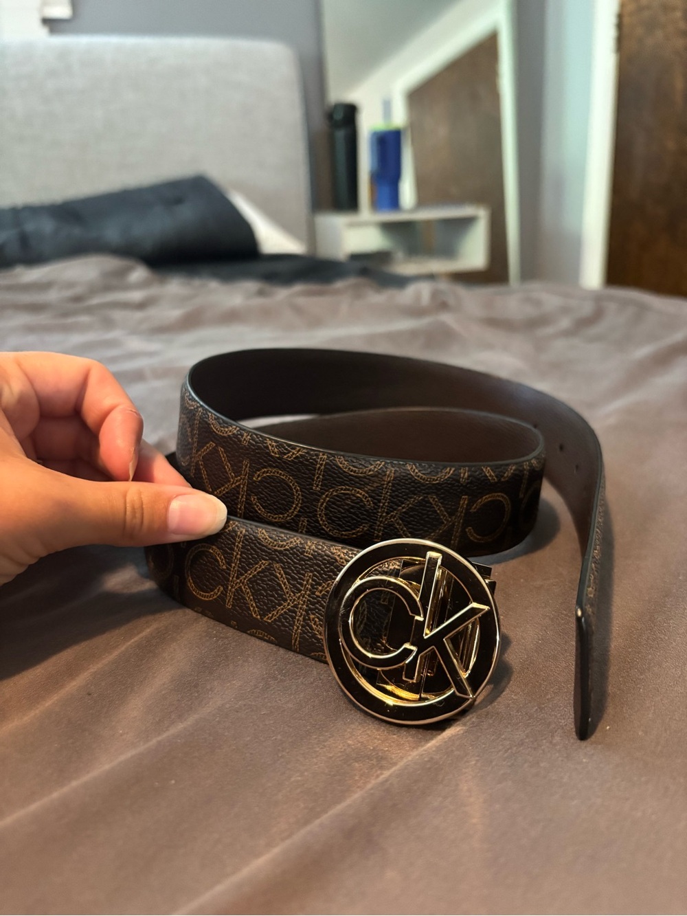 Calvin Klein Men's Brown Monogram Leather Belt with Gold CK Buckle
